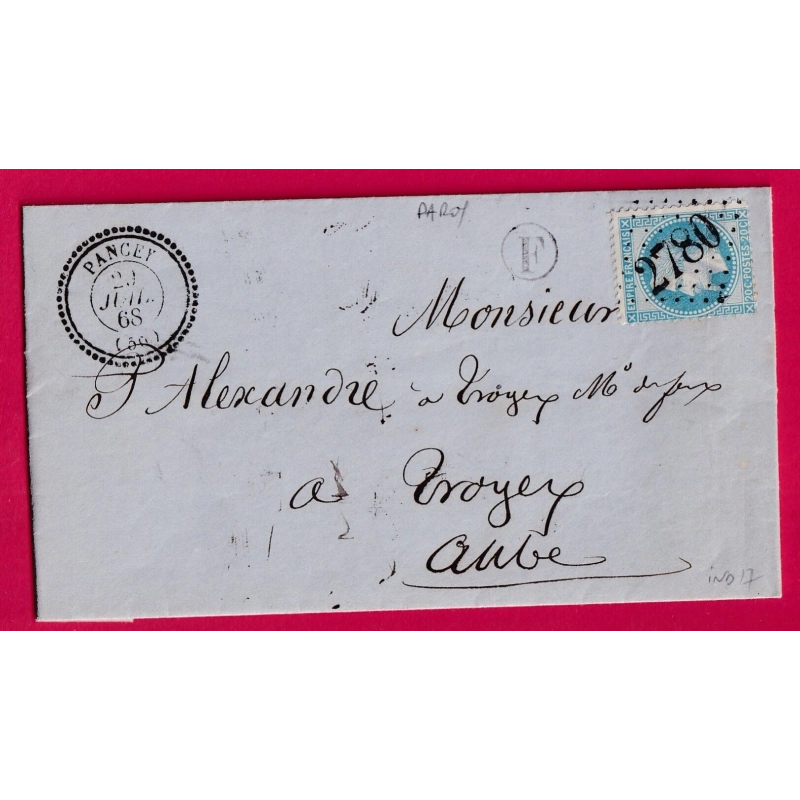 N°29 GC 2780 PANCEY HAUTE MARNE BOITE RURALE F PAROY CAD TYPE 22 POUR TROYES AUBE LETTRE