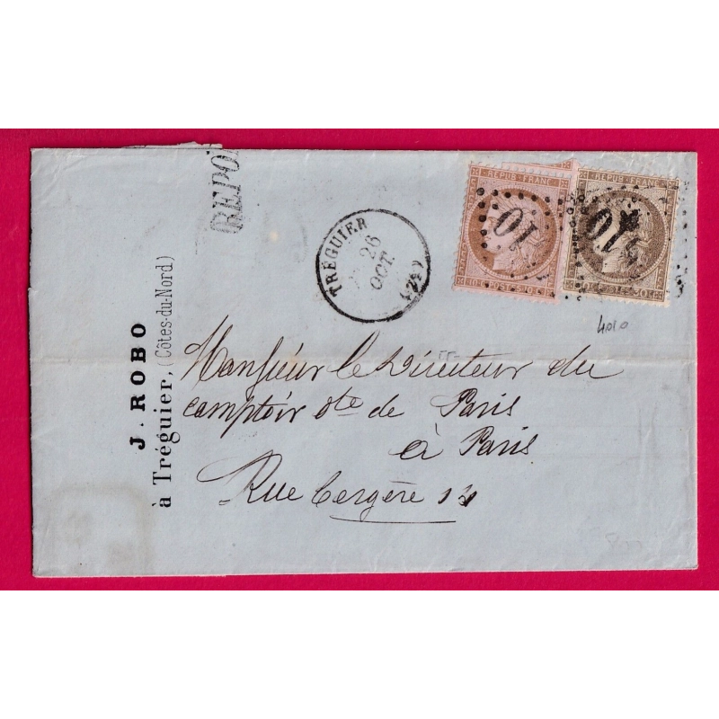 N°56 58 GC 4010 TREGUIER COTES DU NORD CAD TYPE 16 POUR PARIS LETTRE