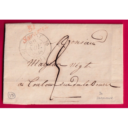 CURSIVE ROUGE 31 SARAMON GERS T12 GIMONT POUR TOULOUSE 1838 INDICE 13 LETTRE