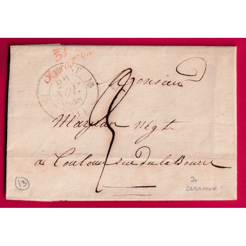 CURSIVE ROUGE 31 SARAMON GERS T12 GIMONT POUR TOULOUSE 1838 INDICE 13 LETTRE
