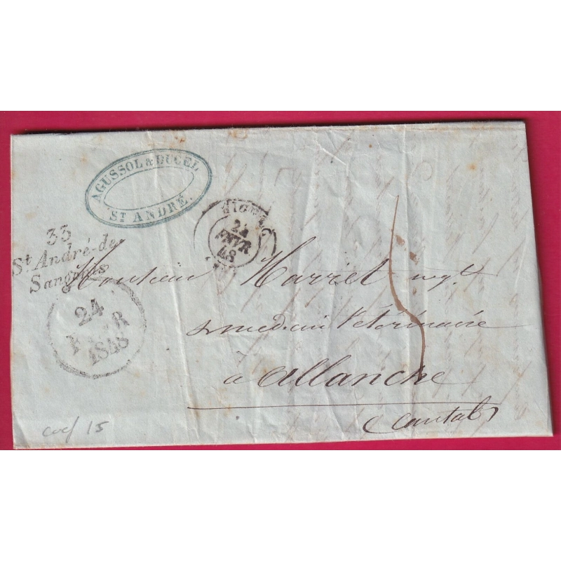 CURSIVE 33 ST ANDRE DE SANGONIS HERAULT 1848 POUR ALLANCHE CANTAL INDICE 15 LETTRE