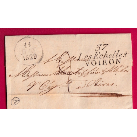 DOUBLE CURSIVE 37 LES ECHELLES VOIRON 1829 POUR RIVES INDICE 20 LETTRE