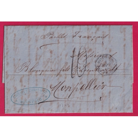 CAD MONTEVIDEO URUGUAY PAQ FR J N°2 POUR MONTPELLIER HERAULT 1870 LETTRE