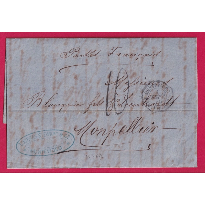 CAD MONTEVIDEO URUGUAY PAQ FR J N°2 POUR MONTPELLIER HERAULT 1870 LETTRE
