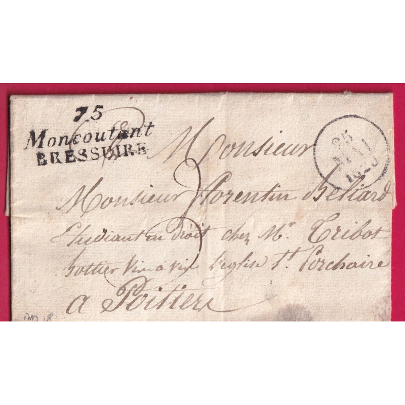 DOUBLE CURSIVE 75 MONCOUTANT BRESSUIRE DEUX SEVRES 1829 INDICE 18 POUR POITIERS VIENNE LETTRE