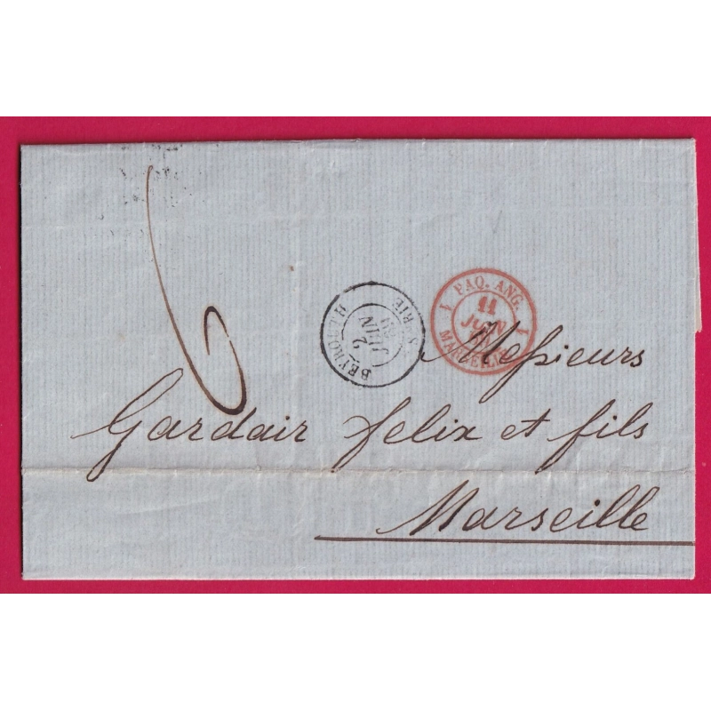 BEYROUTH SYRIE SYRIA PAQUEBOT ANGLAIS POUR MARSEILLE BFE 1869 LETTRE