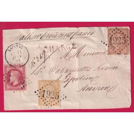 N°32 38 59 GC 1925 LAISSAC AVEYRON DEVANT DE LETTRE CHARGE POUR ESPALLION LETTRE