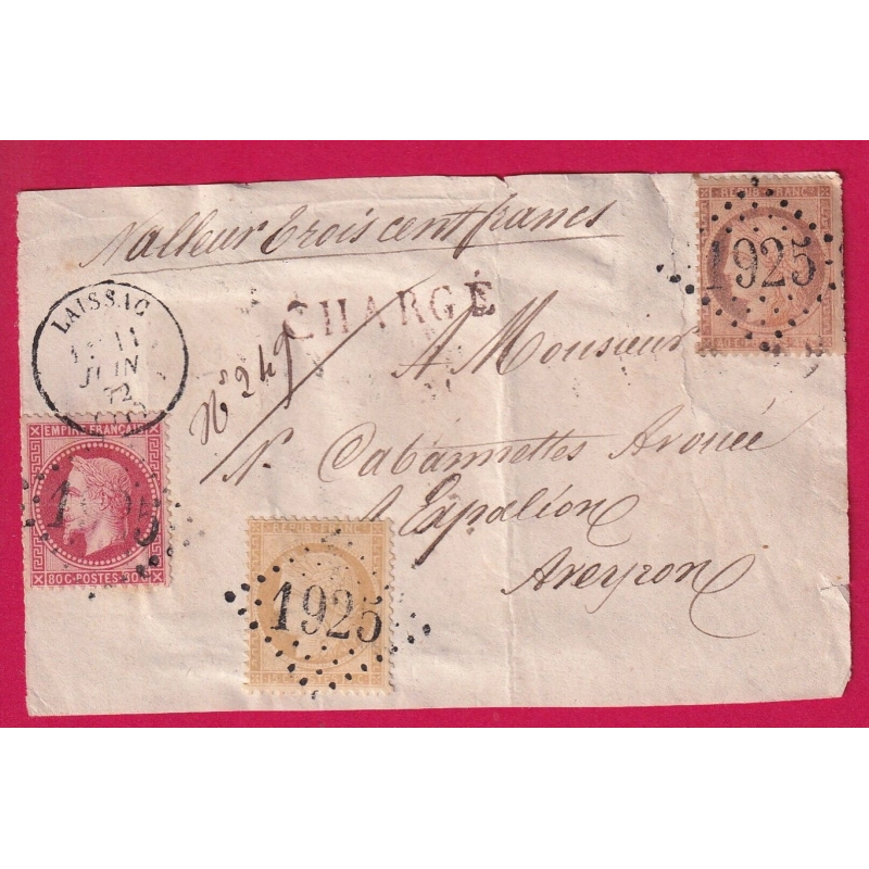 N°32 38 59 GC 1925 LAISSAC AVEYRON DEVANT DE LETTRE CHARGE POUR ESPALLION LETTRE