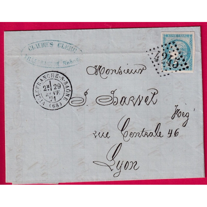 N°45C BLEU CLAIR GC 4245 VILLEFRANCHE SUR SAONE POUR LYON LETTRE
