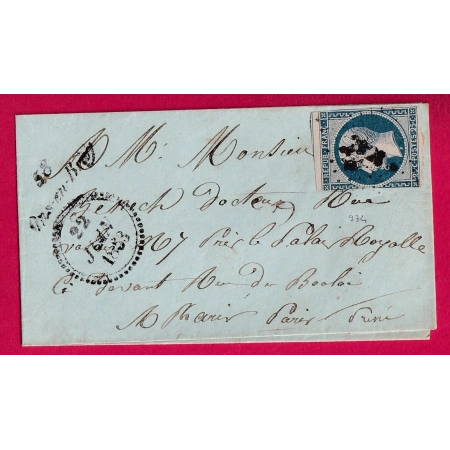 N°10 CURSIVE ONS EN BRAY OISE + DATEUR B 1853 POUR PARIS LETTRE