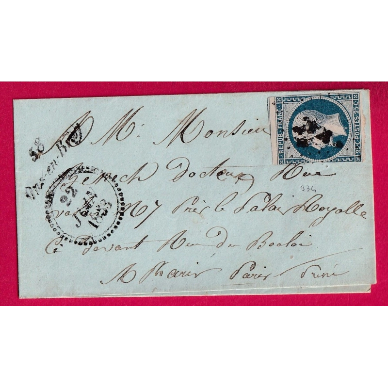 N°10 CURSIVE ONS EN BRAY OISE + DATEUR B 1853 POUR PARIS LETTRE