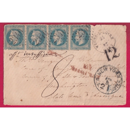 N°29 BANDE DE 4 GC 2340 MEUNG SUR LOIRE LOIRET POUR WASHINGTON USA VIA NEW YORK TAXE MANUSCRIT 8 AFFR INSUFF ETRANGER