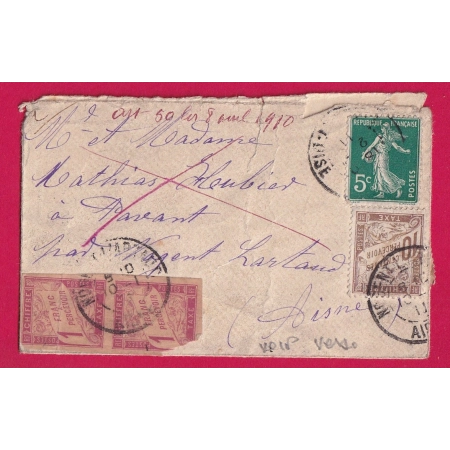 N°137 TAXE 1FR ROSE SUR PAILLE COLONE GENERAL TRES RARE SUR LETTRE METROPOLE NOGENT L'ARTAUD AISNE 1910 + TYPE DUVAL