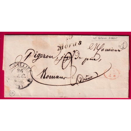 CURSIVE 25 MORAS DROME BOITE RURALE V LE GRAND SERRE + DECIME RURAL POUR ROMANS LETTRE