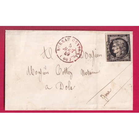 N°3 PARIS BUREAU CENTRAL EN ROUGE 5 AOUT 1849 POUR DOLE JURA LETTRE