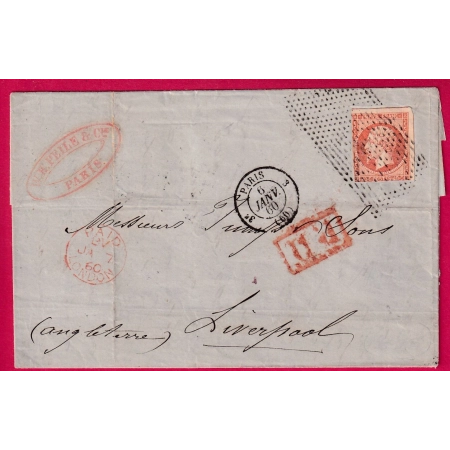 N°16 ROULETTE POINTILLE FINS PARIS 3 60 3 POUR LIVERPOOL ANGLETERRE 1860 LETTRE