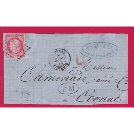N°57 GC 5098 SMYRNE TURQUIE TURKEY BM DE CONSTANTINOPLE POUR COGNAC DEVANT DE LETTRE