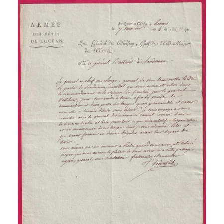 ARMEE DES COTES DE L'OCEAN QUARTIER GENERAL RENNES ILLE ET VILAINE SIGNE  LE GENERAL HEDOUVILLE AN4 1796 TEXTE SEUL