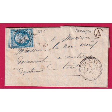 N°14 PC 2865 LA SELLE SUR LE BIED LOIRET CAD TYPE 22 BOITE RURALE A MERVILLE POUR MONTARGIS LETTRE