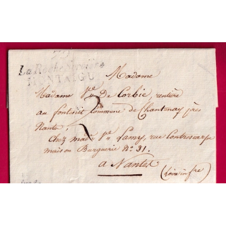 DOUBLE CURSIVE 79 LA ROCHE SERVIERE MONTAIGU VENDEE POUR NANTES 1827 INDICE 20 LETTRE