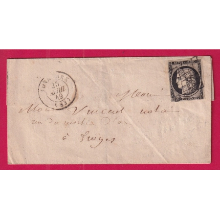 N°3 GRILLE TONNERRE YONNE CAD TYPE 15 POUR TROYES 25 AVRIL 1849 RARE AVEC T15 LETTRE