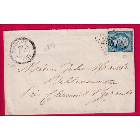 N°22 GC 2501 MONTOLIEU AUDE CAD TYPE 22 POUR VILLENEUVETTE HERAULT LETTRE