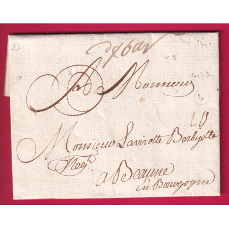 MARQUE MANUSCRIT DE BAR LE DUC MEUSE 1740 LENAIN N°8 INDICE 20 POUR BEAUNE COTE D'OR LETTRE