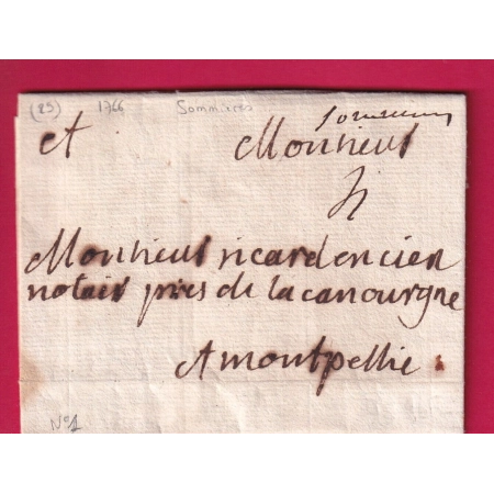 MARQUE MANUSCRIT SOMMIERES GARD 1766 LENAIN N°1 POUR MONTPELLIER INDICE 11 LETTRE COVER