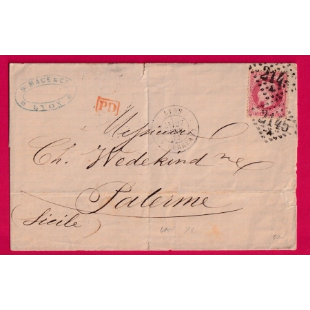 N°32 GC 2145A LYON LES TERREAUX POUR PALERME PALERMO ITALIE ITALIA LETTRE COVER