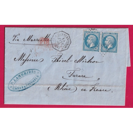 N°22 PAIRE OBLITERATION ANCRE CAD HEXAGONAL CONSTANTINOPLE PAD FR N°1 POUR TARARE RHONE LETTRE COVER