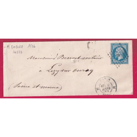 N°22 LOSANGE ROMAIN M EN BLEU + P1526 EN BLEU POUR LIZY SUR OURCQ RARE INDICE 23 LETTRE