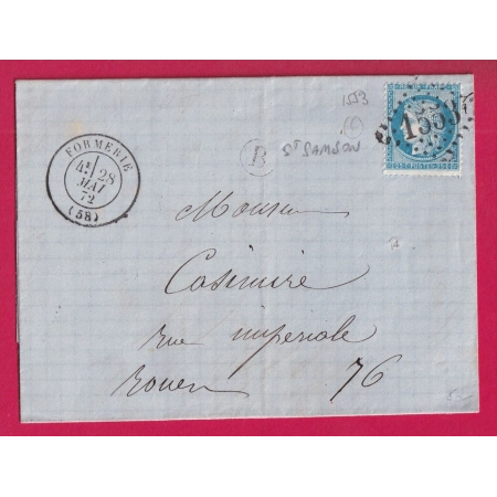 N°60 GC 1553 FORMERIE OISE BOITE RURALE B SAINT SAMSON POUR ROUEN SEINE INFERIEURE 1872 LETTRE