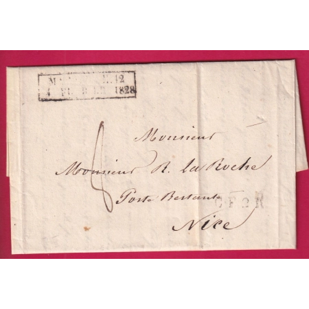 MARQUE ESSAI FEVRIER 1828 MARSEILLE BOUCHES DU RHONE POUR NICE ETATS SARDE ALPES MARITIMES INDICE 18 LETTRE COVER