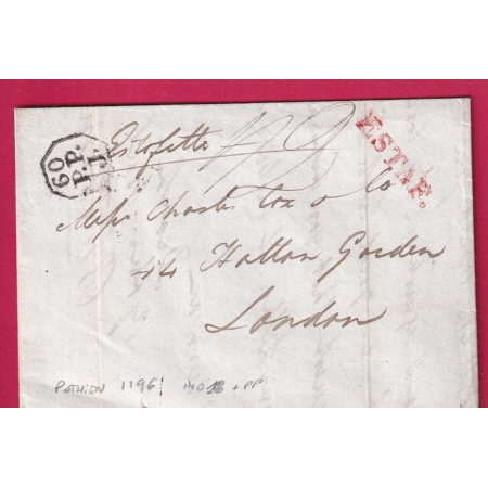 MARQUE ESTAFETTE + PARIS 60 PP J 1832 POUR LONDRES ANGLETERRE LONDON INDICE 18 SANS PP LETTRE