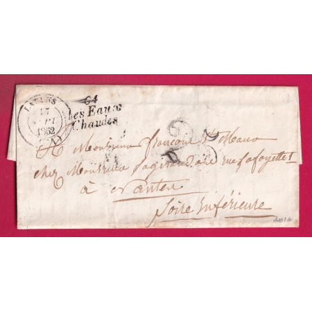 CURSIVE 64 LES EAUX CHAUDES BASSES PYRENEES CAD TYPE 14 LARUNS POUR NANTES INDICE 16 TEXTE DE BAYONNE LETTRE