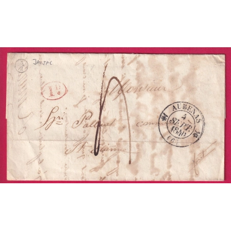 CAD TYPE 12 AUBENAS ARDECHE BOITE RURALE SUPPLEMENTAIRE A2 JAUJAC + DECIME RURAL POUR ST ETIENNE LOIRE LETTRE