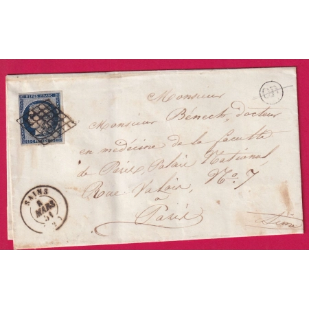 N°4 BLEU FONCE GRILLE SAINS AISNE 1851 POUR PARIS LETTRE