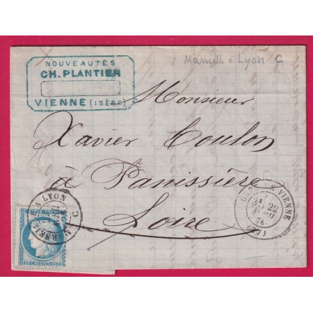 N°60 GARE DE VIENNE ISERE + CAD SUR TIMBRE AMBULANT PARIS A LYON POUR PANISSIERE LOIRE LETTRE COVER