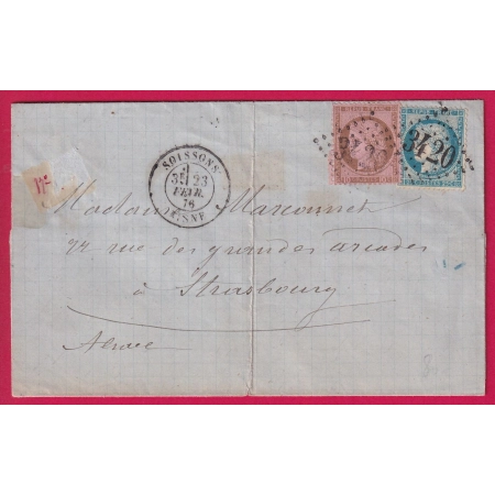 N°54 60 GC3420 CAD TYPE 18 SOISSONS AISNE POUR STASBOURG BAS RHIN ALSACE LORRAINE ALLEMAGNE 1876 LETTRE COVER