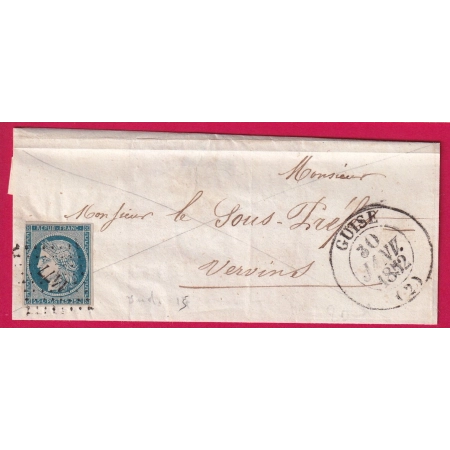 N°4 PC 1477 CAD TYPE 13 GUISE AISNE 1852 POUR VERVINS LETTRE