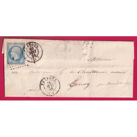 N°14 PC 3421 TREVOUX AIN APRES LE DEPART CAD T15 10 MAI 1855 ANNULE PUIS 11 MAI POUR GENAY AIN LETTRE