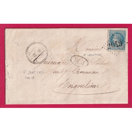 N°29 CAD TYPE 22 ST JUST HAUTE VIENNE BM DE ST LEONARD GC 2049 LIMOGES POUR ANGOULEME LETTRE