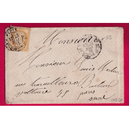 N°55 TARDIF CAD PARIS R ST DOM ST GN,53 POUR PARIS 1876 RARE INDICE 20 LETTRE COVER