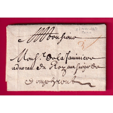 LETTRE DE PARIS DE 1671 AVEC MENTION PORT 3 POUR DOMFRONT ORNE INDICE 19 LETTRE