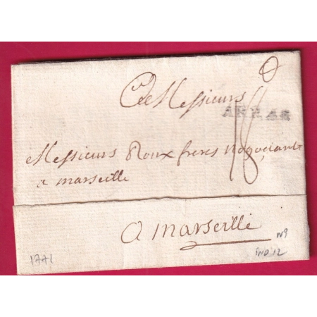 MARQUE ARRAS PAS DE CALAIS 1771 LENAIN N°9 POUR MARSEILLE INDICE 12 LETTRE