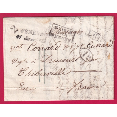 MARQUE GENEVE ENTREE SUISSE PAR FERNEY + DECIME RURAL POUR DRUCOURT THIBERVILLE EURE 1835 LETTRE