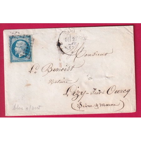 N°14B TYPE II BLEU SUR VERT PARIS BUREAU E POUR LIZY SUR OURCQ COTE 400€ SUR LETTRE
