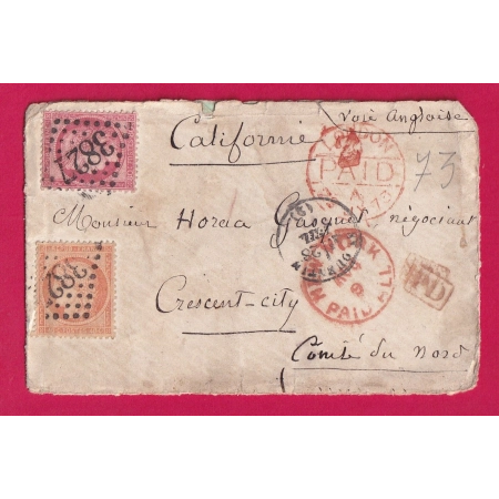 N°57 38 GC 3827 ST QUENTIN AISNE POUR CRESCENT CITY CALIFORNIA ETATS UNIS 1873 LETTRE