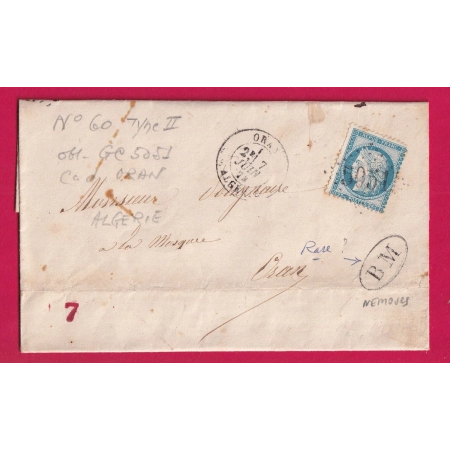 N°60B GC 5051 ORAN ALGERIE BM DE NEMOURS POUR ORAN  DOUBLE PORT LOCAL ??? LETTRE