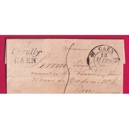 DOUBLE CURSIVE 13 CREULLY CAEN CALVADOS 1830 POUR PARIS RARE INDICE 20 LETTRE
